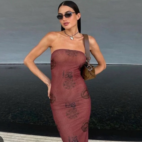 LILA ATLAS PRINT STRAPLESS MESH MIDI DRESS - Picture 1 of 8